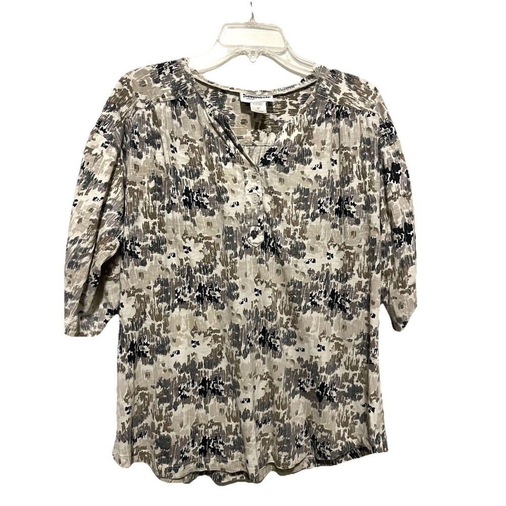 Serengeti Womens Henley Top Brown Black Gray Cream Print Roll Tab 3/4 Sleeve L